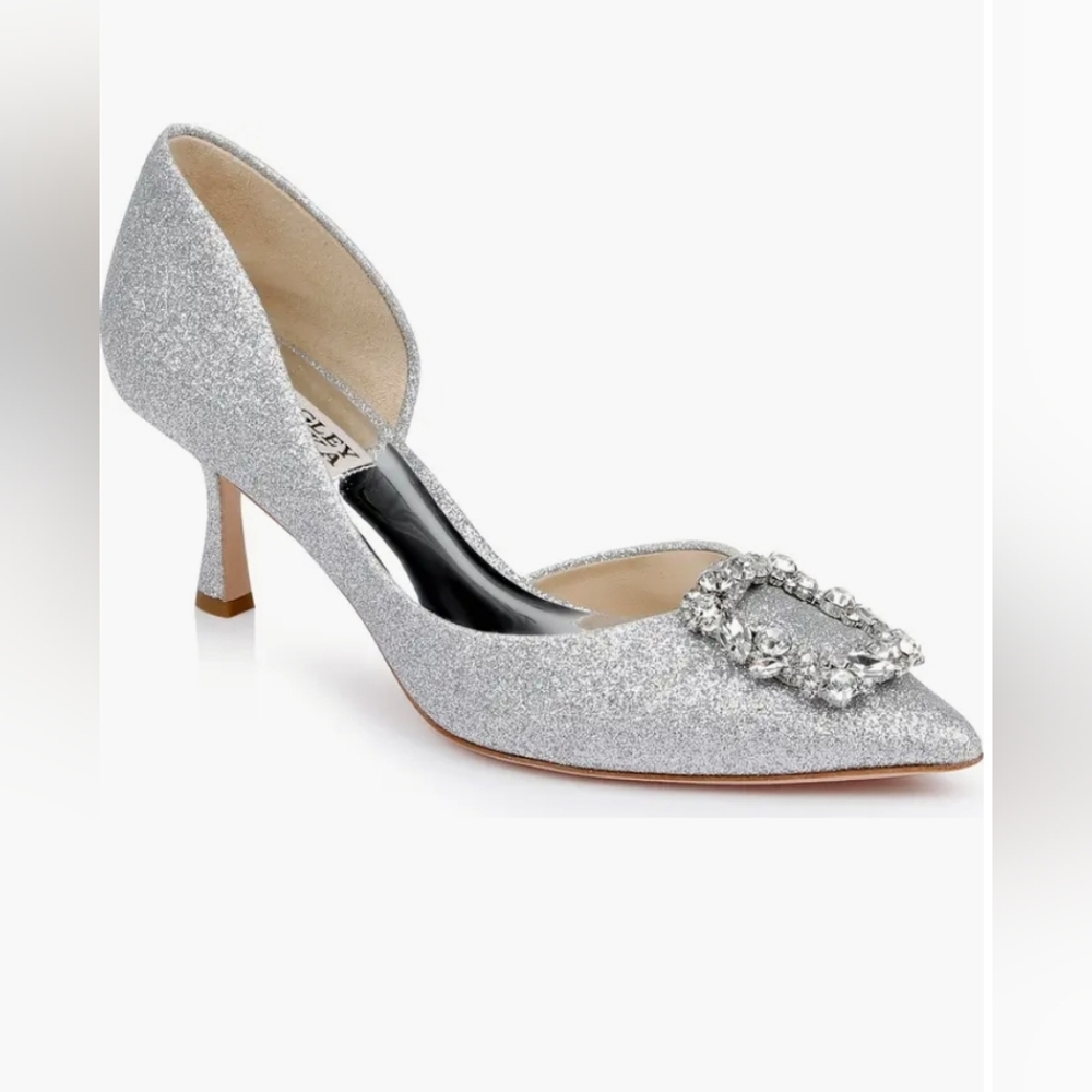 Badgley Mischka Silver Glitter Pointed Toe D'Orsay Pump with Crystal Buckle